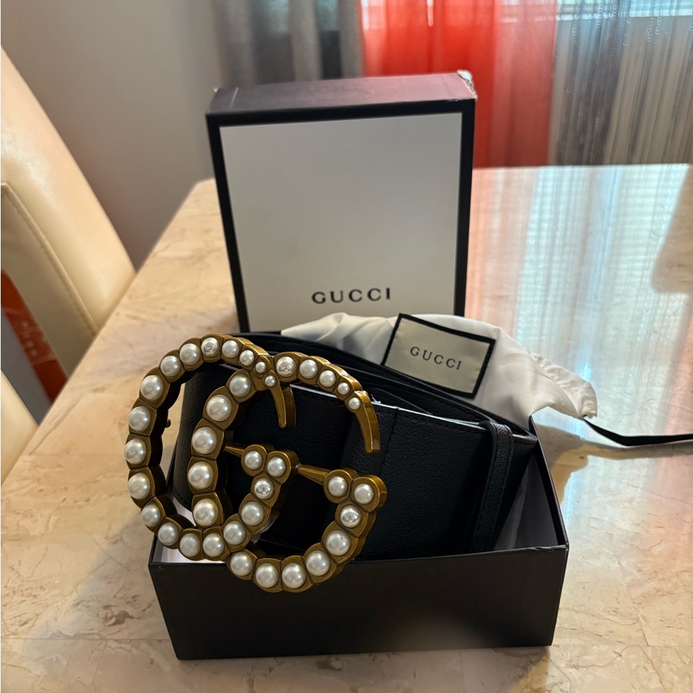 Gucci Black and Gold Belt with Pearl Accents